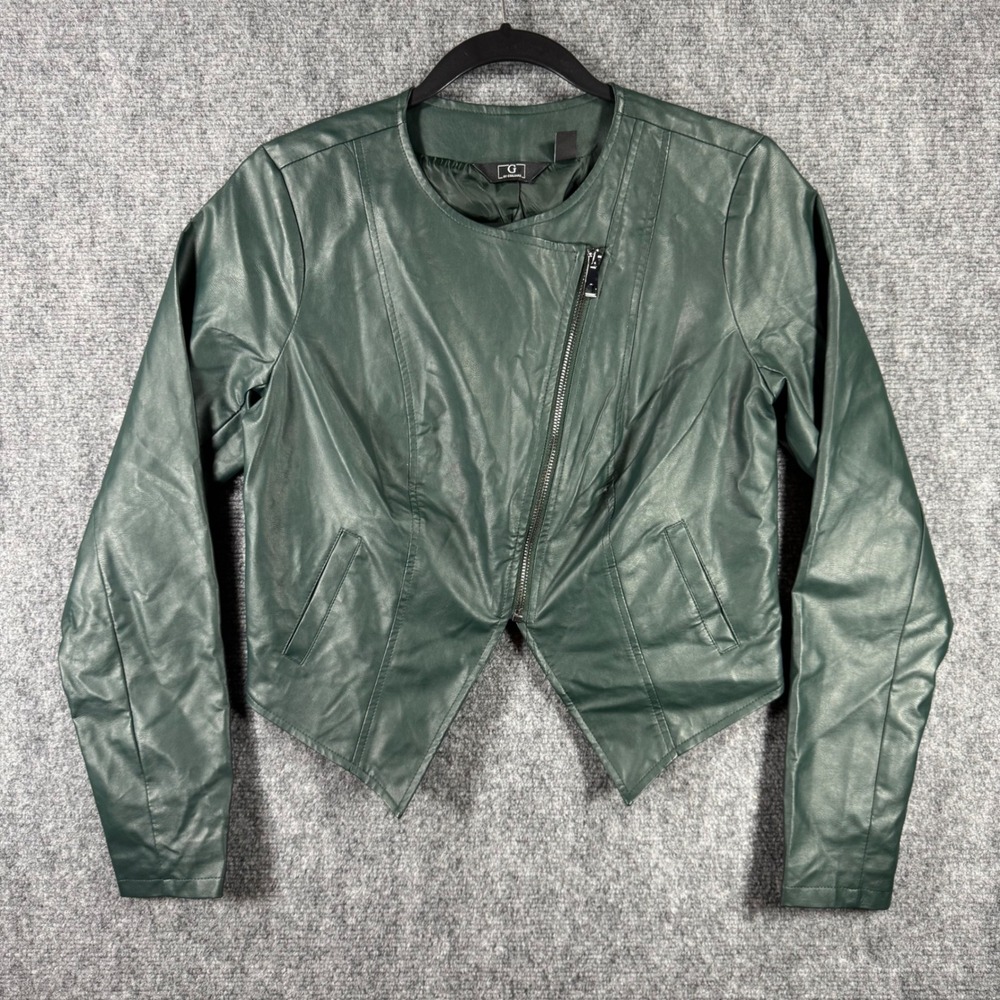 G by Giuliana Womens Faux Leather Jacket Dark Green Asymmetrical Cropped XS NWOT